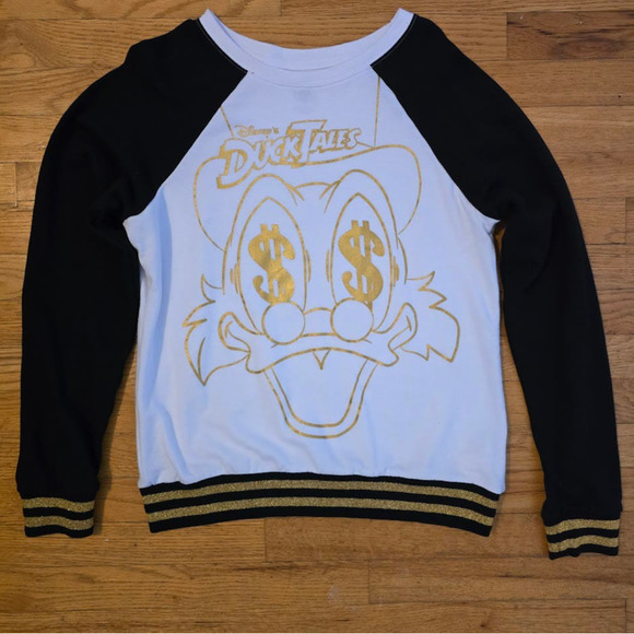 Disney Parks Duck Tales Scrooge McDuck Womens Long Sleeve SZ L Money Sign Rare - Picture 1 of 3